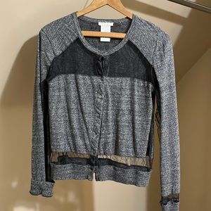 Chloe heather grey cotton cardigan with cut-out lace detail.
